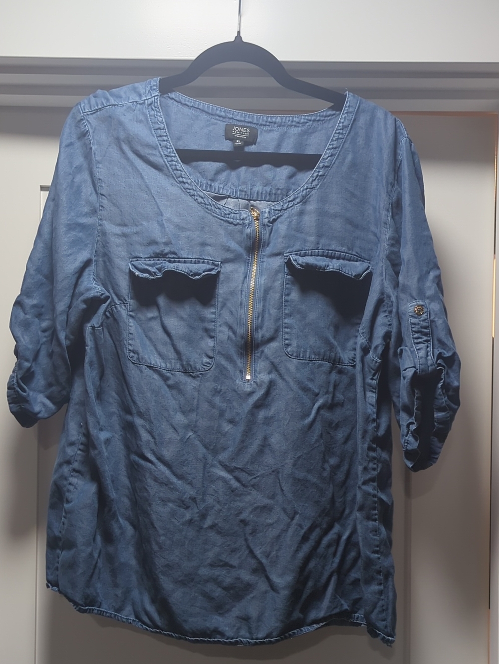 Jones New York Indigo Denim-Look Zip Front Blouse